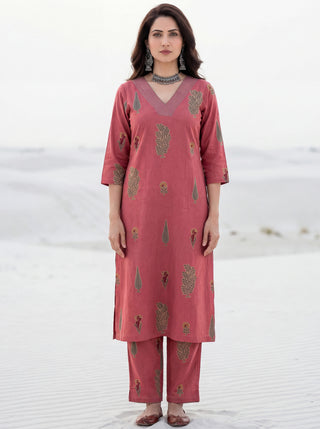 Roz Tamana Set Of Cotton Linen Kurta Pants Dupatta