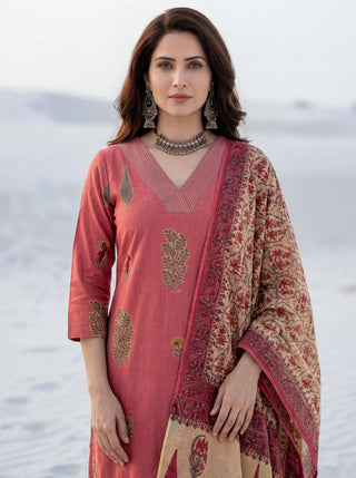 Roz Tamana Set Of Cotton Linen Kurta Pants Dupatta