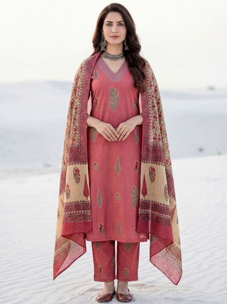 Roz Tamana Set Of Cotton Linen Kurta Pants Dupatta