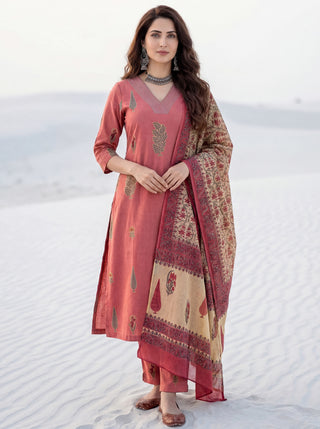 Roz Tamana Set Of Cotton Linen Kurta Pants Dupatta