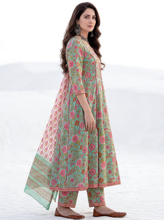 Aina Chetna Set Of Kali Kurta Pants Dupatta