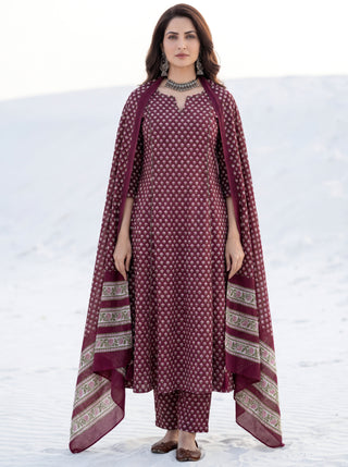Aina Prabha Set Of Kali Kurta Pants & Dupatta