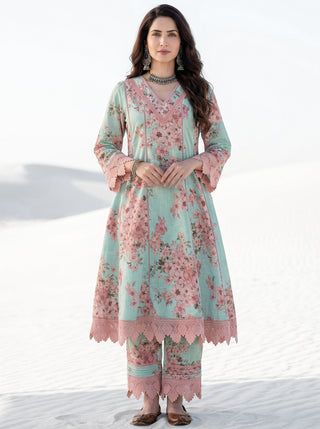 Aina Jiya Set Of Kali Kurta Pants Dupatta