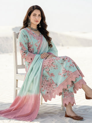 Aina Jiya Set Of Kali Kurta Pants Dupatta