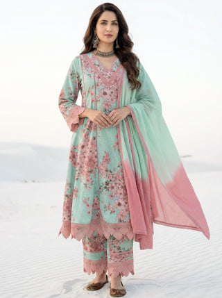 Aina Jiya Set Of Kali Kurta Pants Dupatta