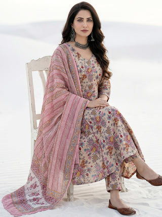 Aina Eliza Set Of Kali Kurta Pants & Dupatta