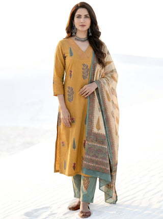 Roz Sarah Set Of Cotton Linen Kurta Pants Dupatta