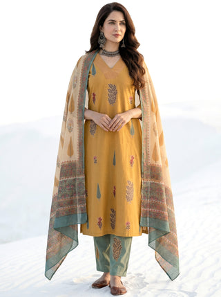 Roz Sarah Set Of Cotton Linen Kurta Pants Dupatta