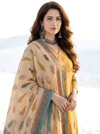 Roz Sarah Set Of Cotton Linen Kurta Pants Dupatta