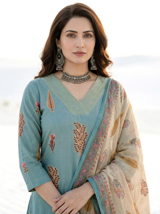 Roz Seema Set Of Cotton Linen Kurta Pants Dupatta