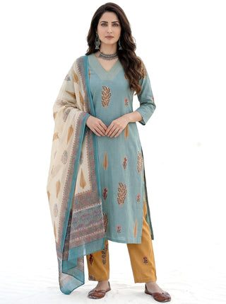 Roz Seema Set Of Cotton Linen Kurta Pants Dupatta