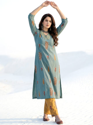 Roz Seema Set Of Cotton Linen Kurta Pants Dupatta