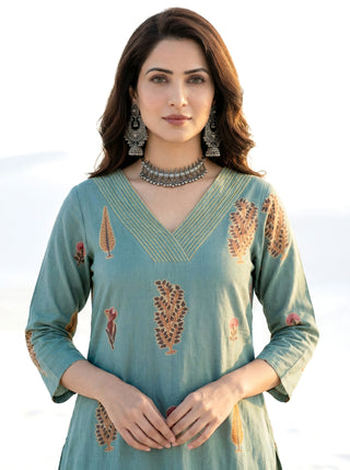 Roz Seema Set Of Cotton Linen Kurta Pants Dupatta
