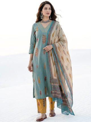 Roz Seema Set Of Cotton Linen Kurta Pants Dupatta