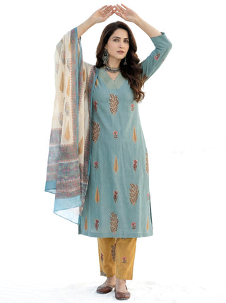 Roz Seema Set Of Cotton Linen Kurta Pants Dupatta