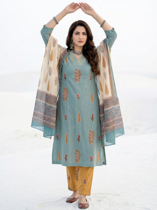 Roz Seema Set Of Cotton Linen Kurta Pants Dupatta