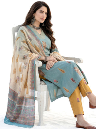 Roz Seema Set Of Cotton Linen Kurta Pants Dupatta