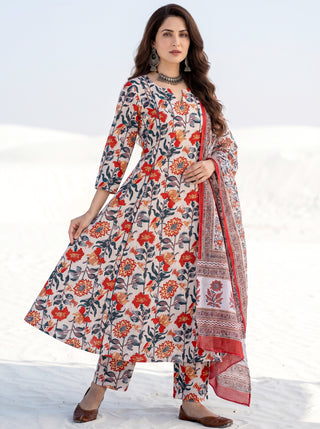 Roz Mahira Set Of Kali Kurta Pants Kota Dupatta