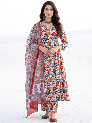 Roz Mahira Set Of Kali Kurta Pants Kota Dupatta