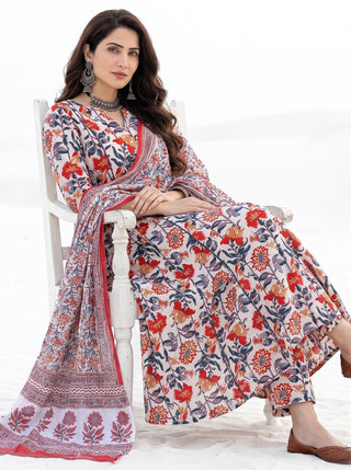 Roz Mahira Set Of Kali Kurta Pants Kota Dupatta