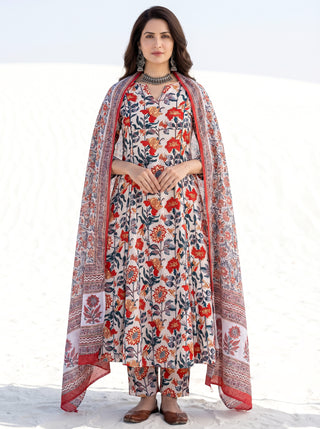 Roz Mahira Set Of Kali Kurta Pants Kota Dupatta