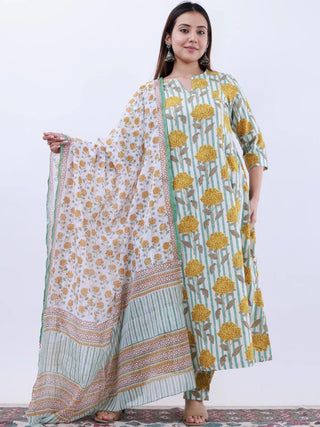 Roz Samaira Set Of Kali Kurta Pants Kota Doria Dupatta