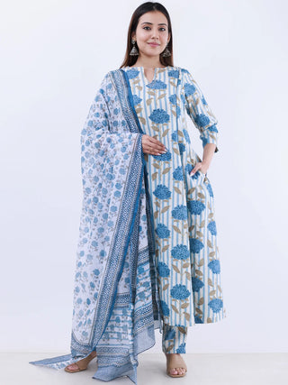 Roz Nidra Set Of Kali Kurta Pants Kota Doria Dupatta