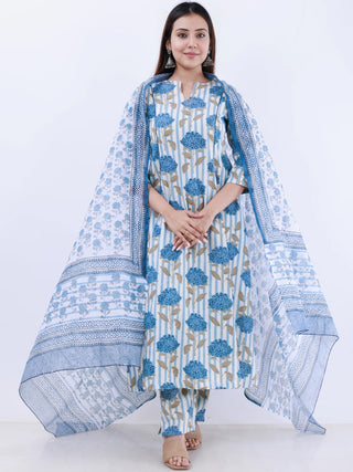 Roz Nidra Set Of Kali Kurta Pants Kota Doria Dupatta