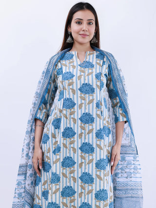 Roz Nidra Set Of Kali Kurta Pants Kota Doria Dupatta