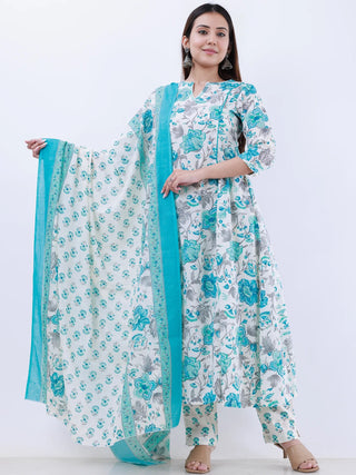 Roz Minal Set Of Kali Kurta Pants Dupatta