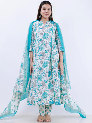 Roz Minal Set Of Kali Kurta Pants Dupatta