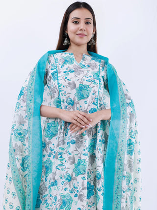 Roz Minal Set Of Kali Kurta Pants Dupatta