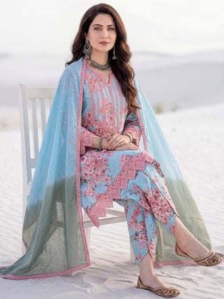 Aina Arisha Set Of Floral A Line Kurta Tulip Pants & Dupatta