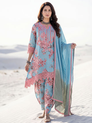 Aina Arisha Set Of Floral A-line Kurta Tulip Pants & Dupatta