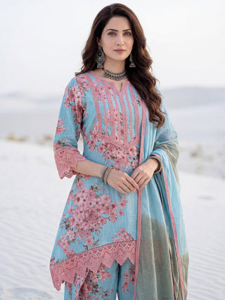 Aina Arisha Set Of Floral A Line Kurta Tulip Pants & Dupatta