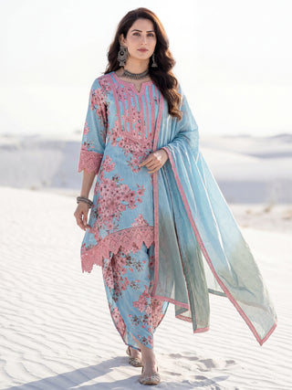 Aina Arisha Set Of Floral A Line Kurta Tulip Pants & Dupatta