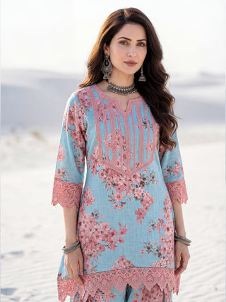 Aina Arisha Set Of Floral A Line Kurta Tulip Pants & Dupatta