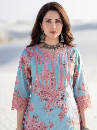 Aina Arisha Set Of Floral A Line Kurta Tulip Pants & Dupatta