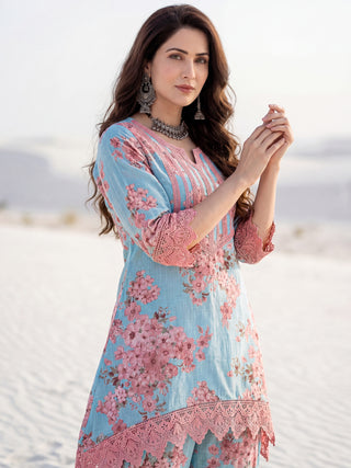 Aina Arisha Set Of Floral A Line Kurta Tulip Pants & Dupatta