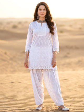 Safed Samah Set Of Kurta Farshi Pants Dupatta