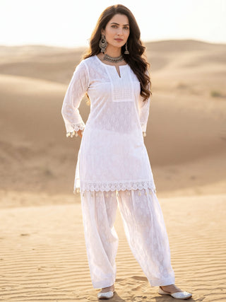 Safed Samah Set Of Kurta Farshi Pants Dupatta