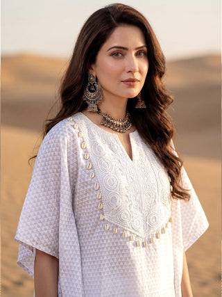 Safed Riya Set Of Kaftan & Tulip Dhoti Pants