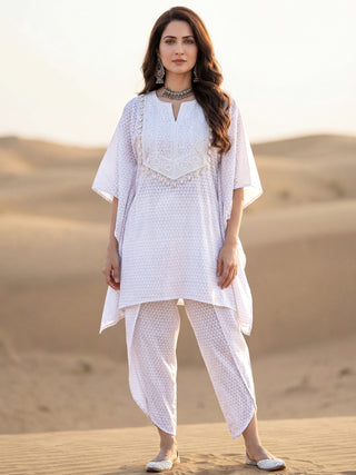 Safed Riya Set Of Kaftan & Tulip Dhoti Pants