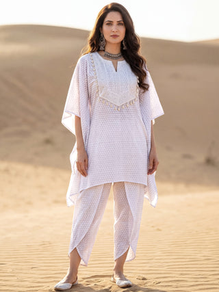 Safed Riya Set Of Kaftan & Tulip Dhoti Pants
