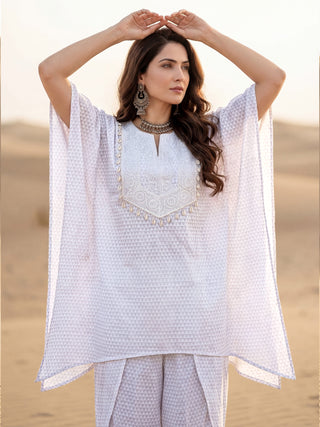 Safed Riya Set Of Kaftan & Tulip Dhoti Pants