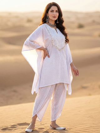 Safed Riya Set Of Kaftan & Tulip Dhoti Pants