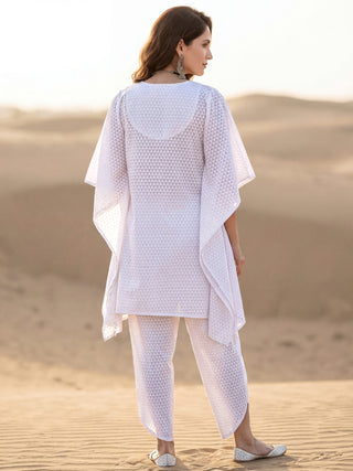 Safed Riya Set Of Kaftan & Tulip Dhoti Pants