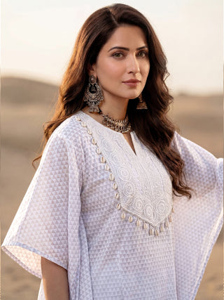 Safed Riya Set Of Kaftan & Tulip Dhoti Pants