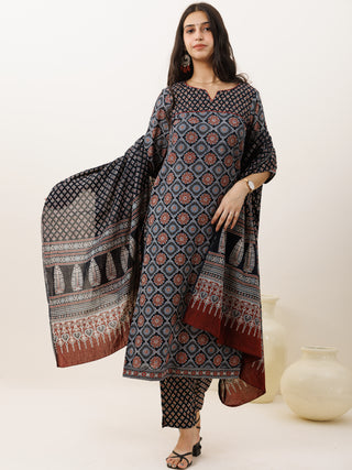 Ajrakh Shamiyana Set Of Kurta Pants Dupatta