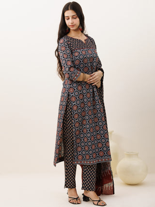 Ajrakh Shamiyana Set Of Kurta Pants Dupatta